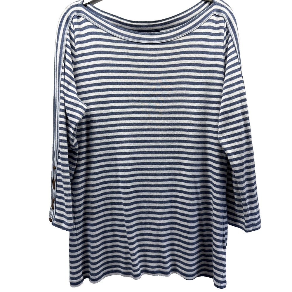 Chaps Womens Blue White Striped Boat Neck Top 3/4 Sleeve Lace Up Accents L